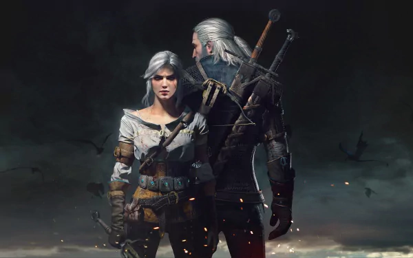 HD desktop wallpaper featuring Geralt of Rivia and Ciri from The Witcher 3: Wild Hunt, standing together in a dramatic, stormy landscape.