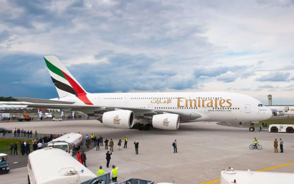 An Emirates Airbus A380 taxiing on the runway, surrounded by ground crew and vehicles, set against a dramatic sky. A striking HD desktop wallpaper featuring aviation.