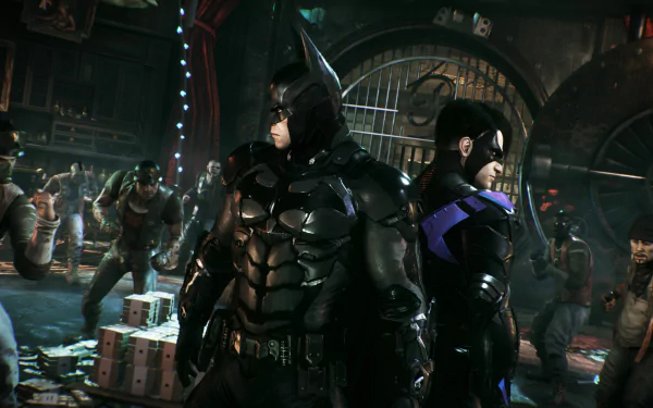 HD wallpaper featuring Batman and Nightwing (Dick Grayson) in a dramatic scene from the video game Batman: Arkham Knight, set against a lively backdrop of chaos.