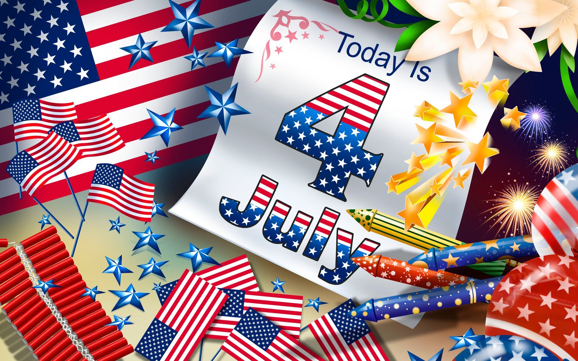 A vibrant 4th of July wallpaper featuring American flags, colorful stars, and festive decorations, celebrating the holiday with a cheerful Today is 4 July message.