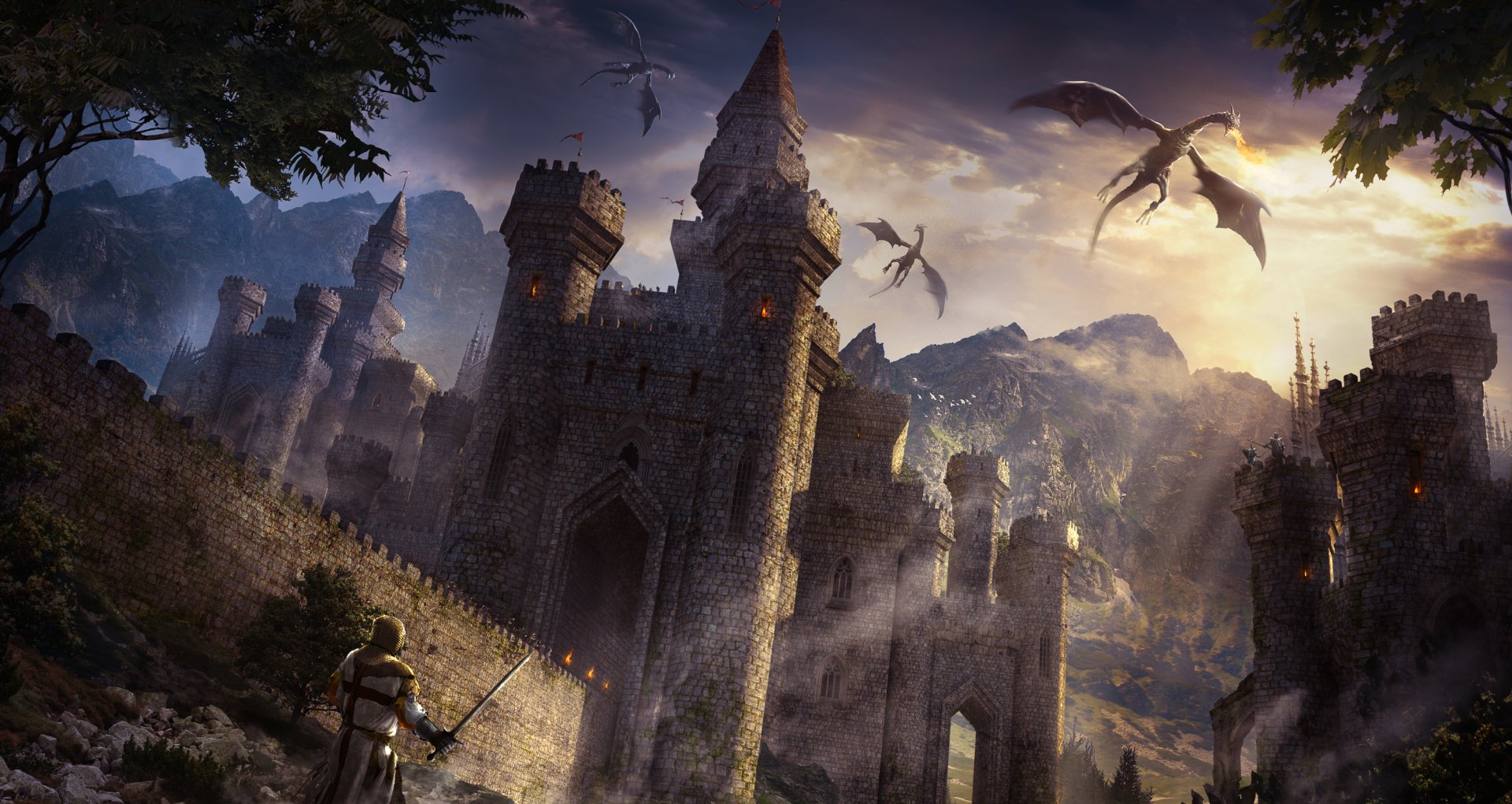 A fantasy warrior stands with a sword at the base of a majestic castle, bathed in sunlight, while dragons soar above the mountains in this captivating HD desktop wallpaper.