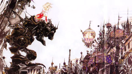 Final Fantasy VI video game HD PC desktop wallpaper — a dark magitek colossus on the left faces an ornate, whimsical cityscape of spired towers and airships.