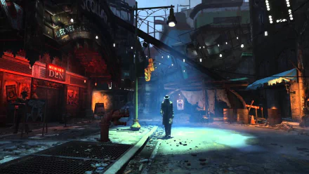 A dark, atmospheric night scene featuring Nick Valentine from Fallout 4. He stands under a streetlight in a gritty urban alley, illuminated by soft blue and orange lights.