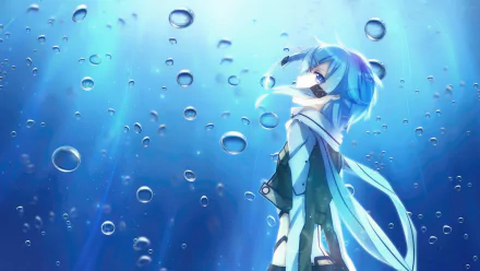 HD wallpaper featuring Shino Asada from Sword Art Online II, portrayed underwater with a serene expression and flowing blue hair, surrounded by bubbles and ethereal light.