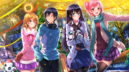 HD wallpaper from My Teen Romantic Comedy SNAFU featuring Yukino Yukinoshita, Yui Yuigahama, Iroha Isshiki, and Hachiman Hikigaya in a festive, colorful setting with holiday lights and decorations.