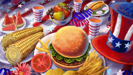 HD 4th of July holiday desktop wallpaper featuring a festive picnic spread with a burger, corn on the cob, fries, watermelon, fruit, and patriotic decorations.