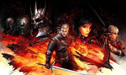 HD desktop wallpaper featuring characters from The Witcher 3: Wild Hunt, with Geralt, Yennefer, and Ciri in dynamic battle poses against a fiery, monstrous backdrop.