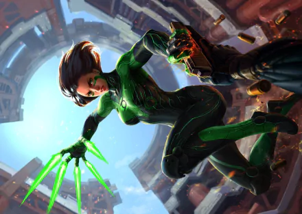 Jessica Cruz, the Green Lantern, showcases her powers in this dynamic HD comic wallpaper, featuring vibrant green energy effects against a futuristic backdrop.