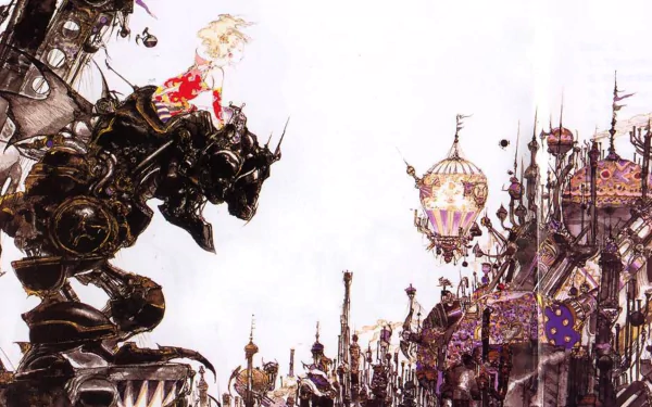 Final Fantasy VI video game HD PC desktop wallpaper — a dark magitek colossus on the left faces an ornate, whimsical cityscape of spired towers and airships.