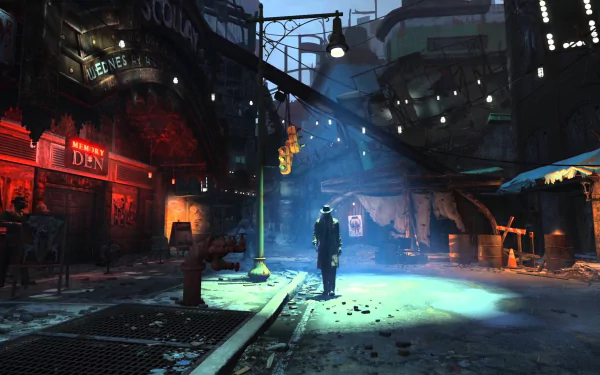 A dark, atmospheric night scene featuring Nick Valentine from Fallout 4. He stands under a streetlight in a gritty urban alley, illuminated by soft blue and orange lights.