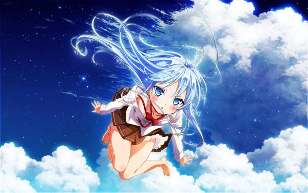 HD wallpaper featuring Erio Touwa from the anime Denpa Onna to Seishun Otoko, depicted with flowing blue hair against a vibrant sky and fluffy clouds.