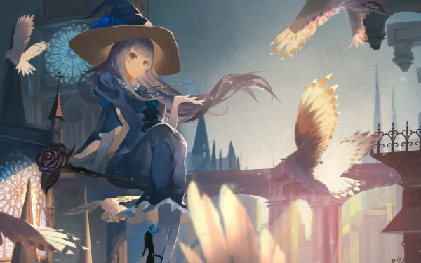 Anime-style witch with long hair and a hat surrounded by glowing birds in a fantasy setting, inspired by Pixiv Fantasia T, presented as an HD PC desktop wallpaper.