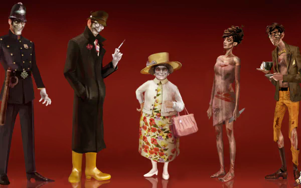 Five characters from the video game We Happy Few stand against a red background; 4K Ultra HD PC desktop wallpaper and background.