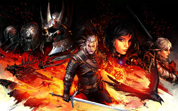 HD desktop wallpaper featuring characters from The Witcher 3: Wild Hunt, with Geralt, Yennefer, and Ciri in dynamic battle poses against a fiery, monstrous backdrop.
