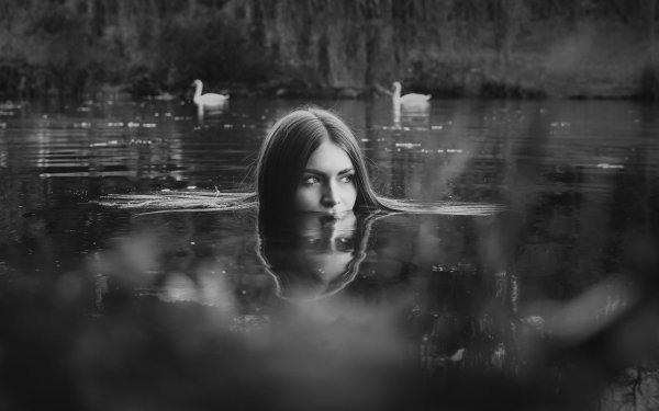 Women Face Model Black & White Water Swan Reflection HD Wallpaper | Background Image