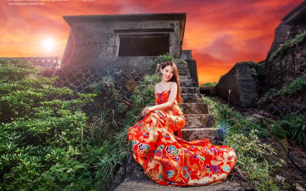 Femmes Asiatique Top Model Coucher de Soleil Dress Ruine Fond d'écran HD | Image