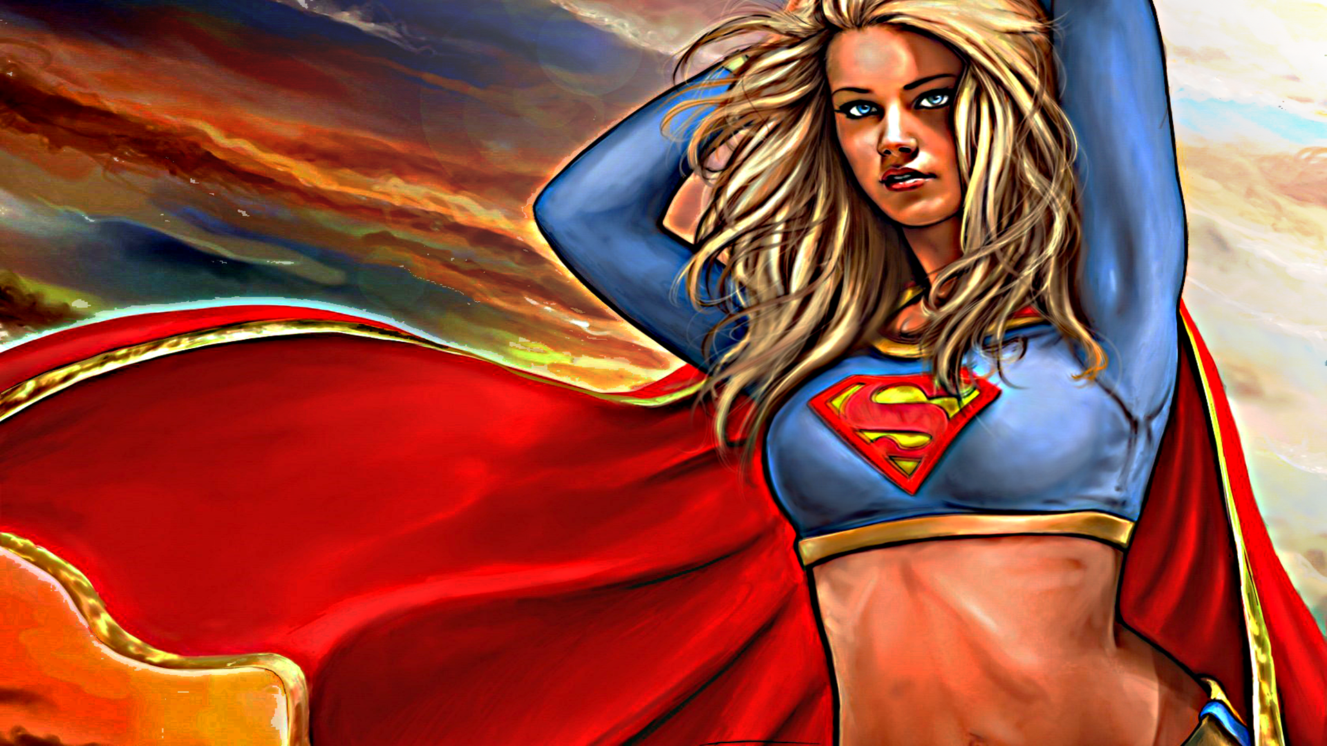 Kara Zor-El, known as Supergirl, stands confidently against a vibrant, dramatic sky, showcasing her iconic costume from DC Comics in this HD desktop wallpaper.