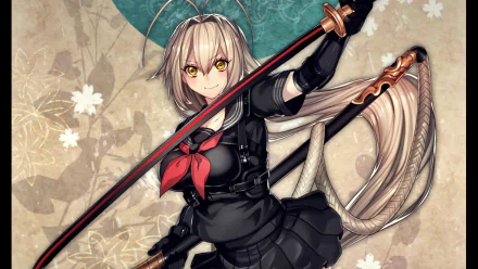 HD anime-style original artwork of a confident character wielding a detailed sword, set against a floral textured background, designed as a PC desktop wallpaper.