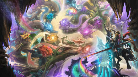 A vibrant fantasy dreamworld scene depicting a magical knight amidst a galaxy of colorful dragons, glowing flowers, and a radiant rainbow near a mystical tree.