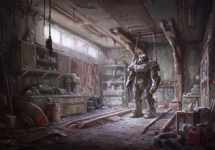 A detailed HD desktop wallpaper showcasing a Fallout 4 scene, featuring a Power Armor suit in a dimly lit workshop filled with tools and debris.