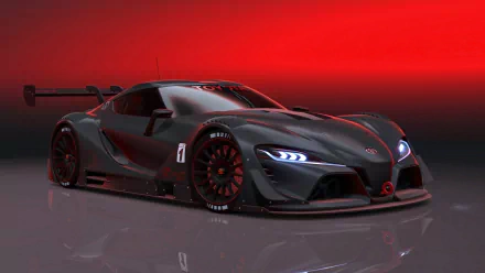 A sleek black Toyota FT-1 concept supercar against a red background, captured in HD detail.