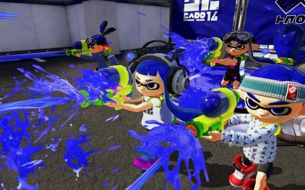 HD desktop wallpaper of Splatoon characters engaging in a colorful ink battle.