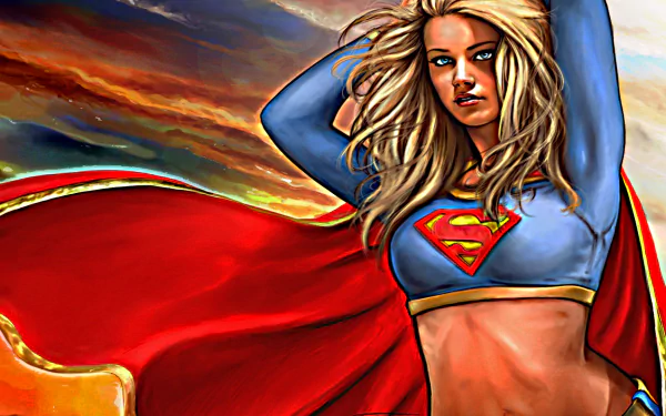 Kara Zor-El, known as Supergirl, stands confidently against a vibrant, dramatic sky, showcasing her iconic costume from DC Comics in this HD desktop wallpaper.
