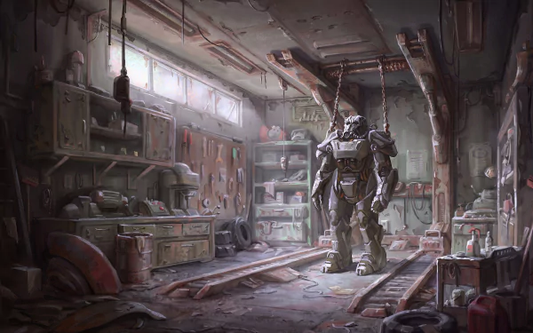 A detailed HD desktop wallpaper showcasing a Fallout 4 scene, featuring a Power Armor suit in a dimly lit workshop filled with tools and debris.