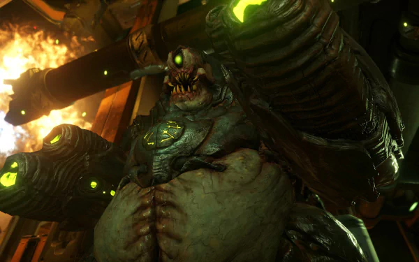 HD desktop wallpaper from Doom (2016) featuring a close-up of a monstrous creature with green eyes spewing fire.