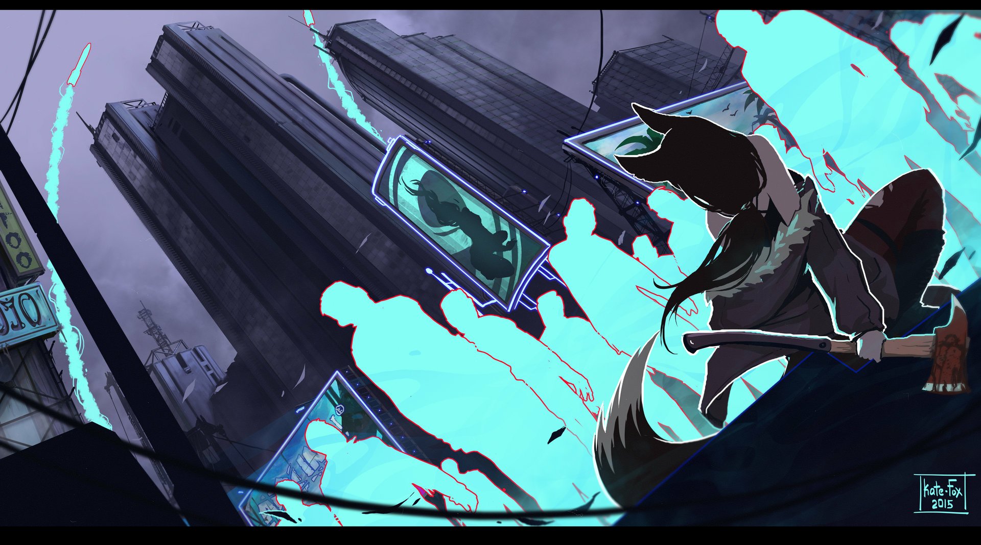 Anime girl with flowing hair stands against a dark cityscape backdrop, surrounded by glowing blue silhouettes in this HD PC desktop wallpaper and background.