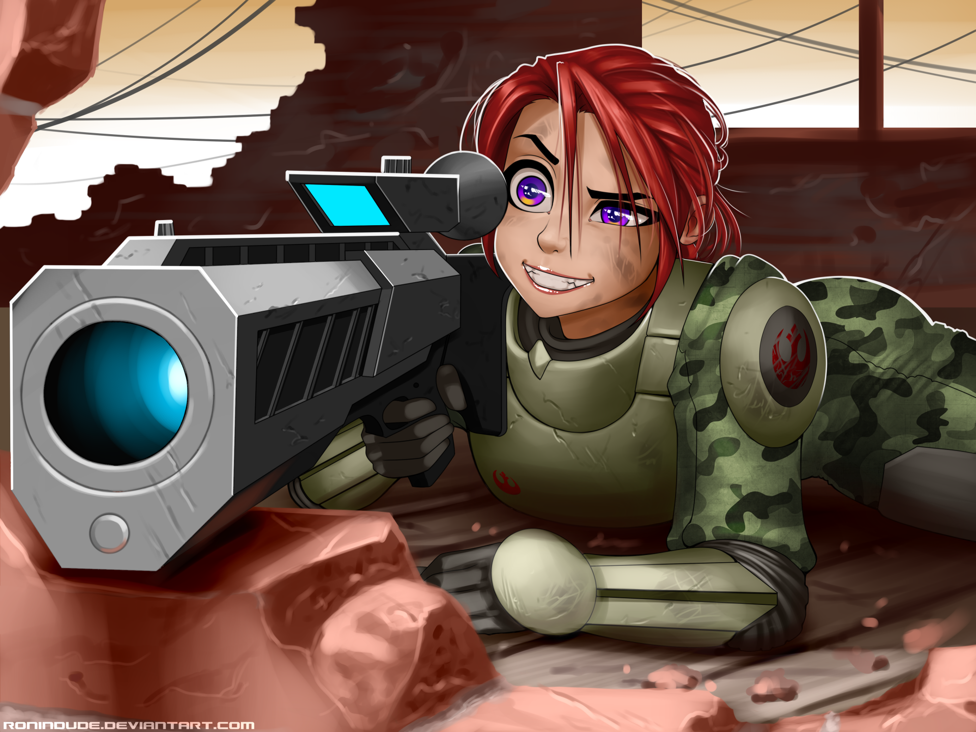 Sci-fi woman warrior in armored camo, red hair and purple eye, aiming a high-tech sniper rifle amid rubble — 4K Ultra HD girls & guns PC desktop wallpaper.