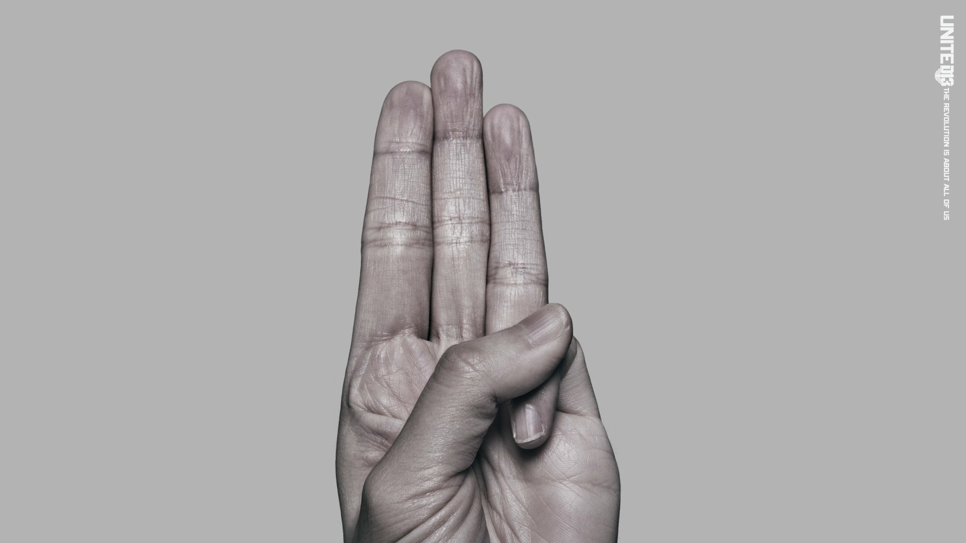 Three-finger salute hand against a gray backdrop, evoking The Hunger Games: Mockingjay - Part 2; minimalist 2K Quad HD PC desktop wallpaper/background.