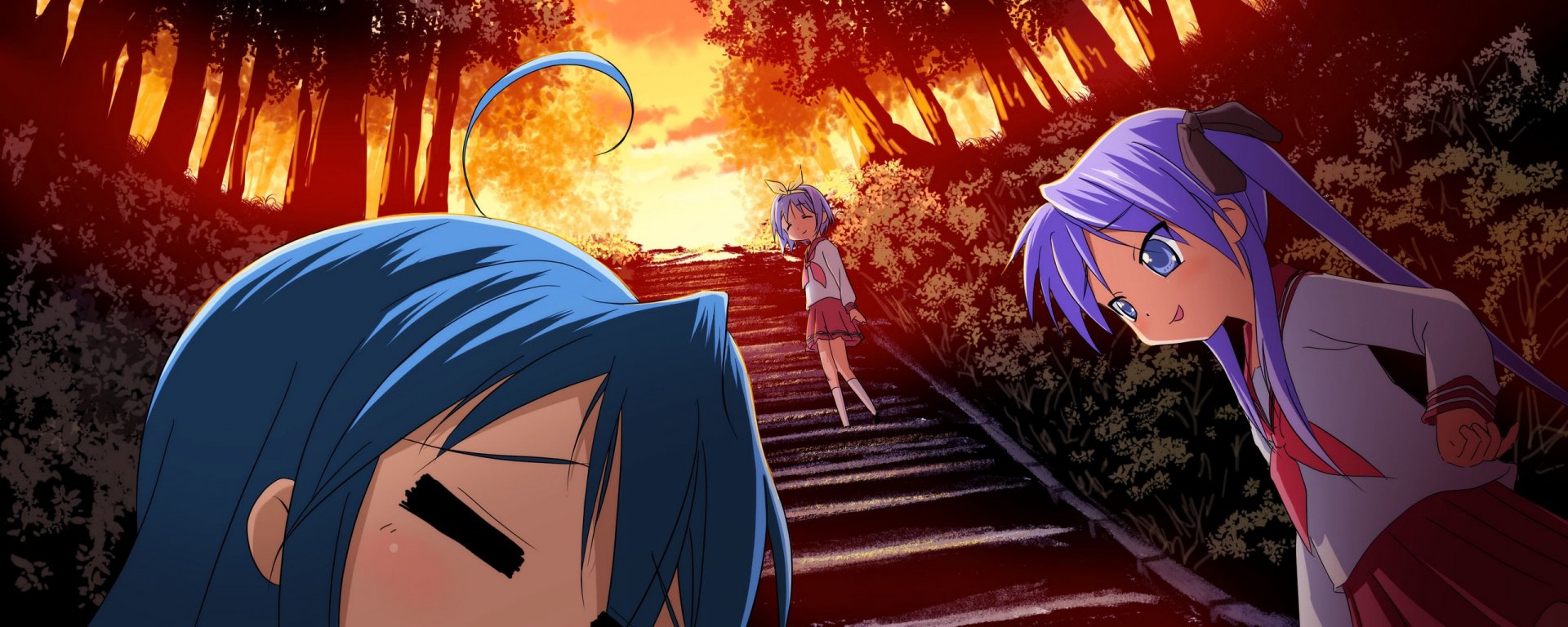 HD anime desktop wallpaper featuring characters from Lucky Star against a dramatic sunset background with stairs and silhouetted trees.