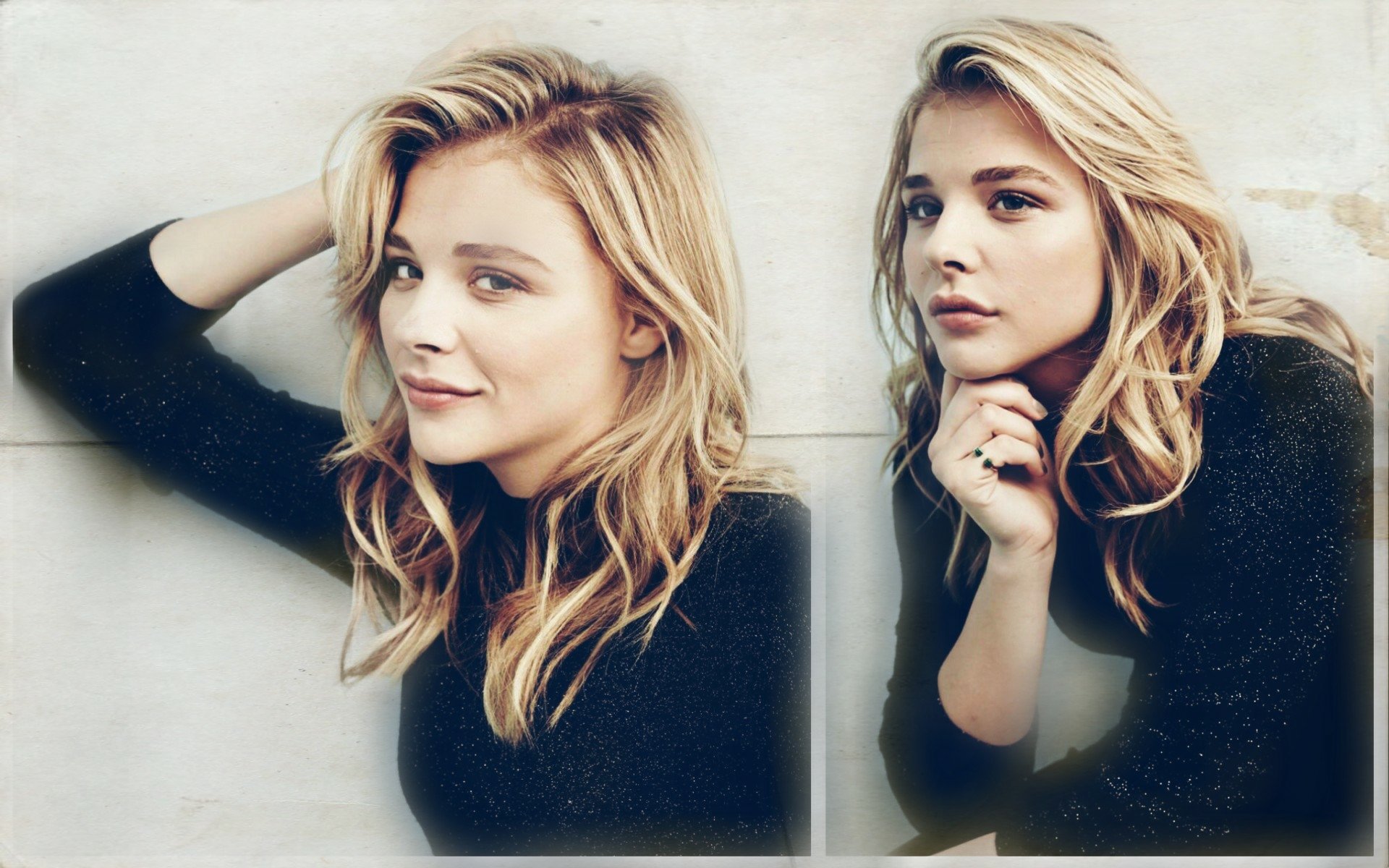 A stylish HD wallpaper featuring Chloë Grace Moretz, showcasing her with soft, wavy hair and a confident expression, set against a light background.