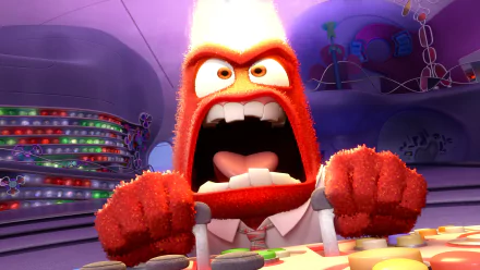 A vibrant HD wallpaper depicting Anger from the movie Inside Out, expressing intense frustration while operating a control panel amidst a colorful background.