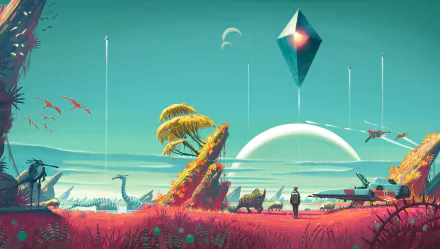 HD desktop wallpaper of the video game No Man's Sky, featuring a vibrant alien landscape with various flora, fauna, spaceships, and a large floating geometric structure under a turquoise sky.