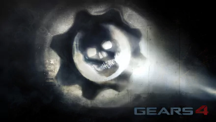 This HD desktop wallpaper features the iconic logo from Gears of War 4, showcasing a skull and cog design against a dark, dramatic background.