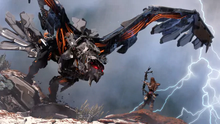 Aloy confronts a Stormbird in this HD wallpaper from Horizon Zero Dawn, showcasing the epic clash between the hunter and the formidable mechanical creature.
