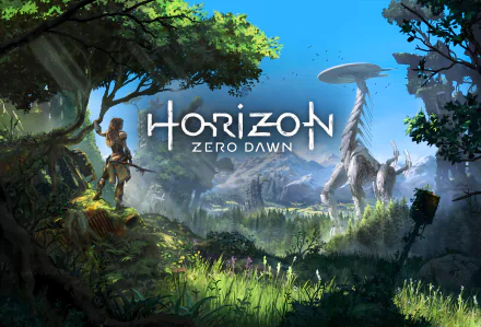 HD desktop wallpaper of Aloy from Horizon Zero Dawn, featuring a vivid forest landscape with futuristic robotic creatures.