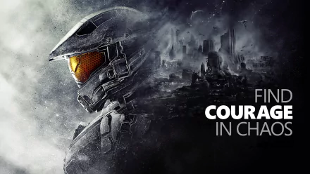 HD wallpaper featuring Master Chief from the video game Halo 5: Guardians with the text Find Courage in Chaos against a dramatic background.