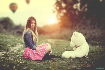 HD wallpaper featuring a blonde woman in a polka-dot skirt sitting opposite a teddy bear, with a blurred background including a hot air balloon.