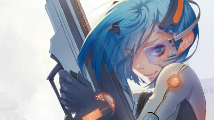 An original anime-style HD desktop wallpaper featuring a character with blue hair, holding a futuristic gun, exuding a confident and fierce expression.