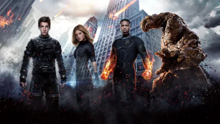 HD desktop wallpaper featuring the Fantastic Four movie (2015) characters: Susan Storm, Human Torch, Mister Fantastic, and Thing, set against a dramatic cityscape background.