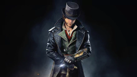 HD desktop wallpaper of Jacob Frye from Assassin's Creed: Syndicate, depicted in Victorian attire, holding hidden blades in a smoky background.