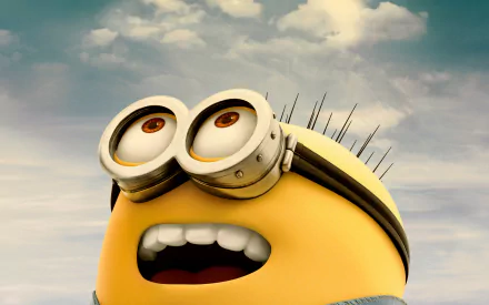 HD desktop wallpaper featuring Bob from the movie Minions. Bob is gazing upward with excitement against a cloudy sky backdrop.
