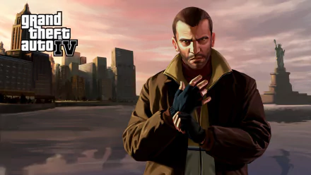 A dynamic HD wallpaper featuring a character from Grand Theft Auto IV, set against a city skyline with the Statue of Liberty, capturing the game's gritty urban atmosphere.