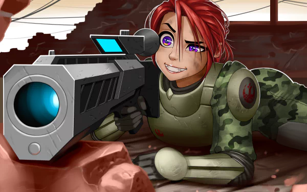 Sci-fi woman warrior in armored camo, red hair and purple eye, aiming a high-tech sniper rifle amid rubble — 4K Ultra HD girls & guns PC desktop wallpaper.