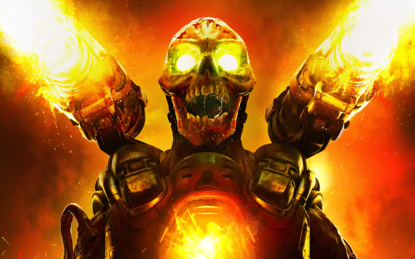 HD desktop wallpaper featuring a menacing demon with glowing eyes and firing weapons from the video game Doom (2016), showcasing intense and fiery action elements.