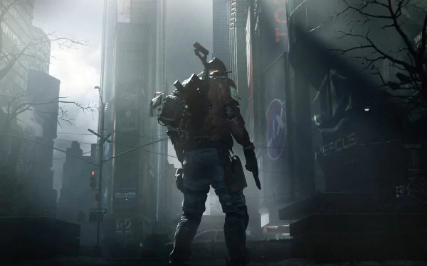 A character from Tom Clancy's The Division stands in a misty, dystopian cityscape, surrounded by towering buildings and illuminated signs, creating a dramatic and immersive atmosphere.