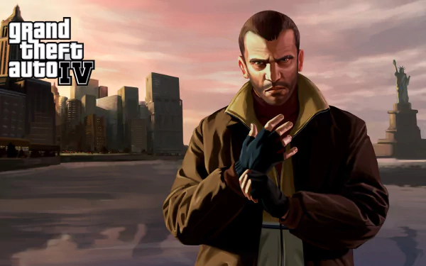 A dynamic HD wallpaper featuring a character from Grand Theft Auto IV, set against a city skyline with the Statue of Liberty, capturing the game's gritty urban atmosphere.